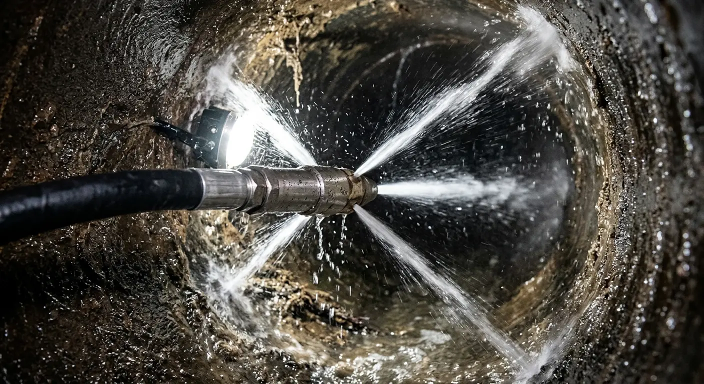 High-pressure hydro jetting nozzle cleaning sewer pipe for Emergency Drain Service in South Lakes