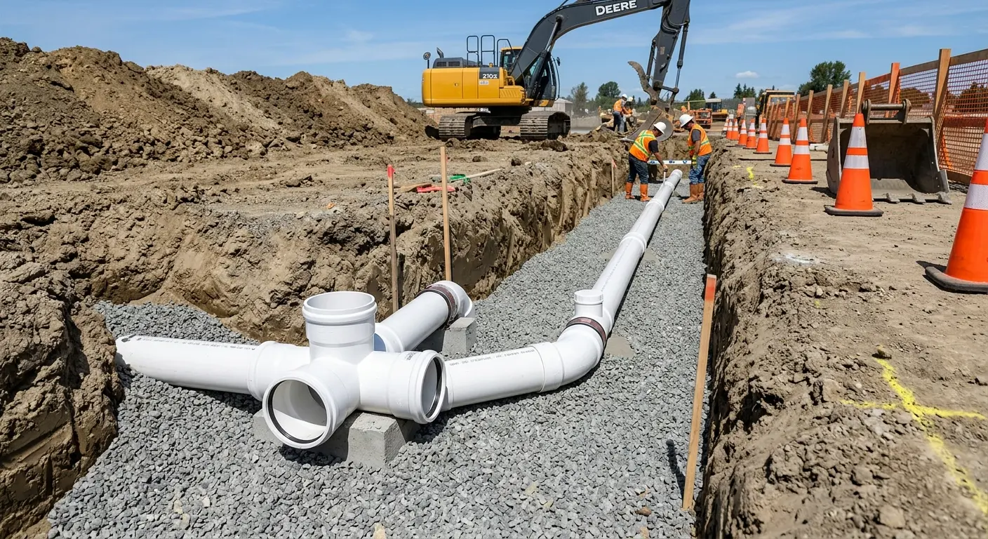 New PVC sewer pipe installation in open trench for Commercial Drain Cleaning in South Lakes