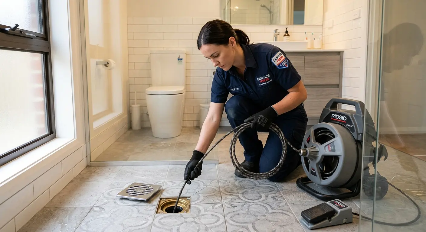Technician clearing a bathroom floor drain for Drain Cleaning in South Lakes